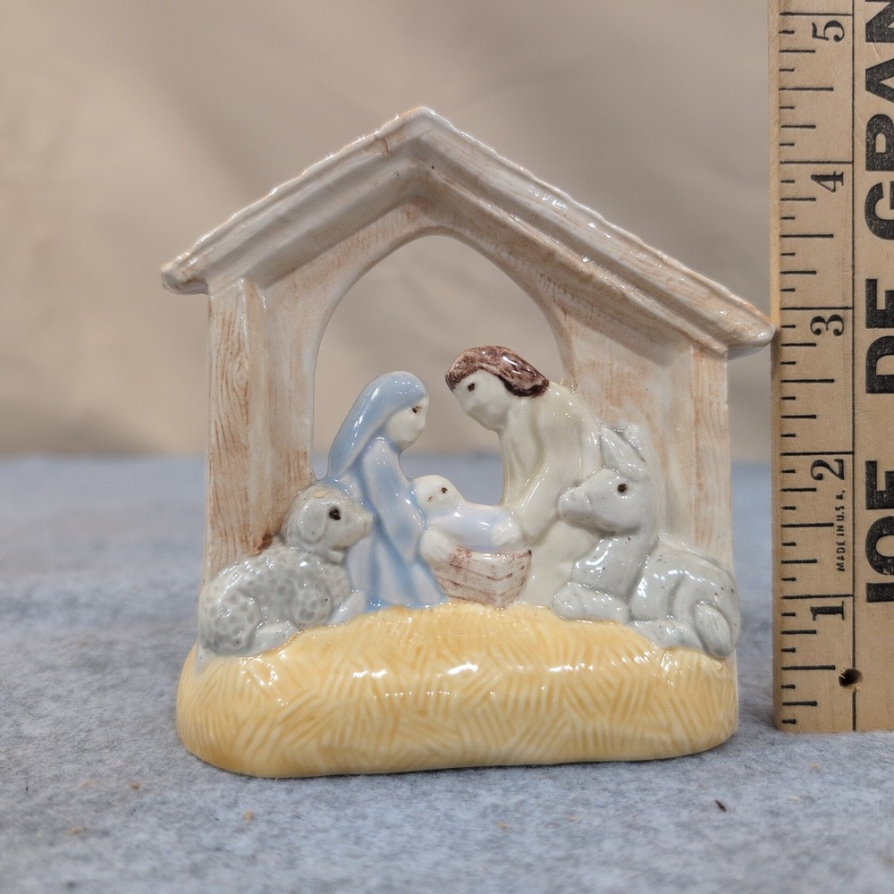 Ceramic Nativity Scene Figurine Holy Family Stable Candle Holder Glazed Blue Tan - Picture 2 of 4